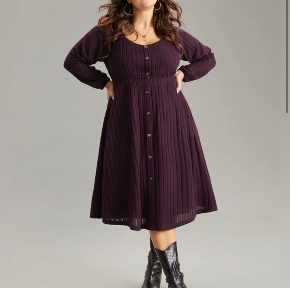 Beautiful plum, purple, ribbed, stretchy midi length dress